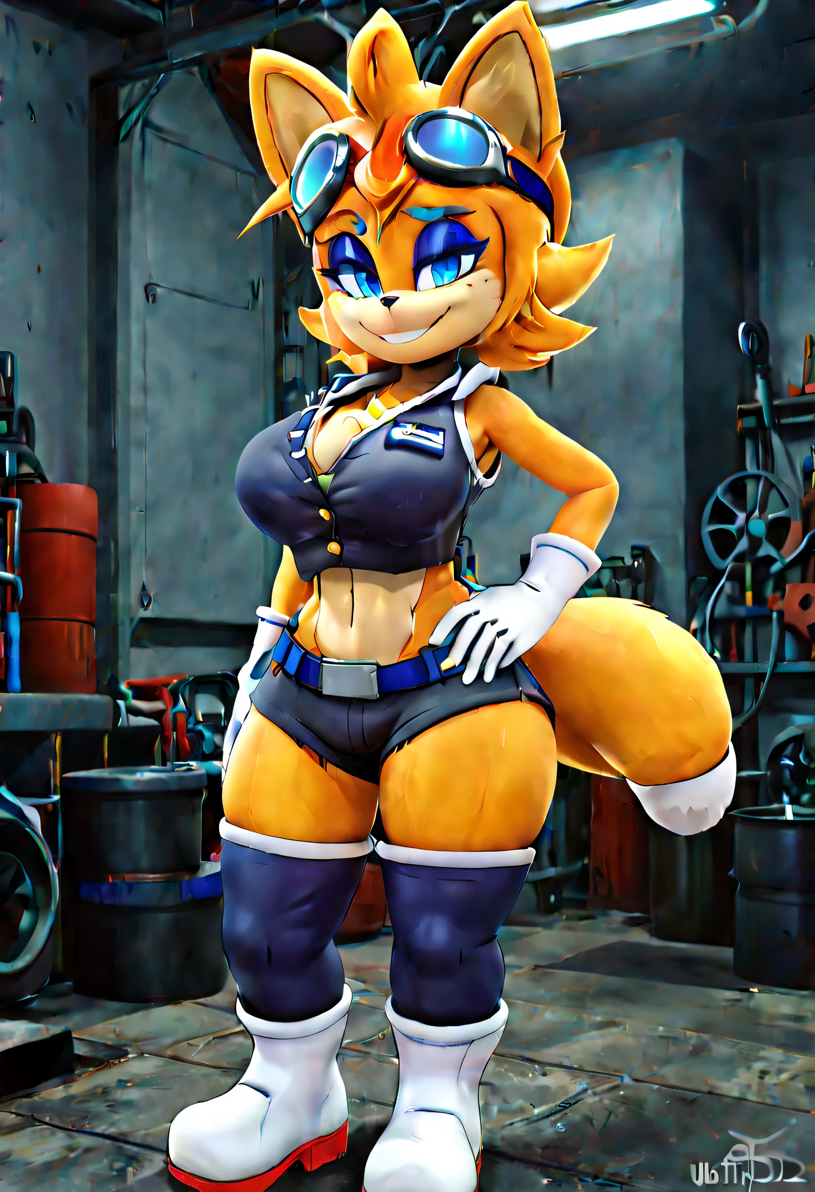 (best quality, masterpiece1.2),1girl, solo, anthro, Cally3d, Tails Prower, Miles Prower, solo, looking at viewer, smile, standing, full body, utility belt, mechanic uniform, mechanic goggles, two tails, blue eyes, blue eyeliner, white gloves, shorts,