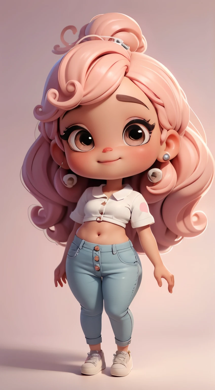 Create a series of cute afro chibi style dolls with a theme of cute, each with lots of detail and in an 8K resolution. All dolls should follow the same solid background pattern and be complete in the image, mostrando o (corpo inteiro, incluindo as pernas: 1.5) Boneca Mini : Ela deve ter cabelo pequeno em tom preto slime. Seus olhos devem ser grandes e expressivos, with long eyelashes and rosy cheeks. Sorriso delicado e branco. Camiseta, Slacks .Certifique-se de adicionar detalhes nas roupas escreva Janaina , such as buttons and pockets, Cute sneakers Be sure to add shadows, texturas e detalhes nos cabelos, roupas, Janaína's utensils , to make them even more adorable and charming.