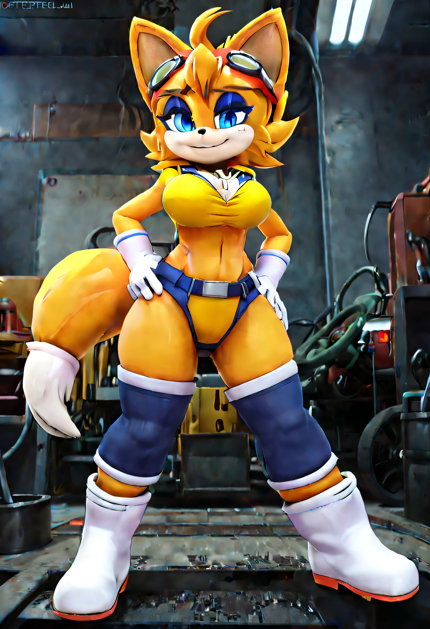 (best quality, masterpiece1.2),1girl, solo, anthro, Cally3d, Tails Prower, Miles Prower, solo, looking at viewer, smile, standing, full body, utility belt, mechanic uniform, mechanic goggles, two tails, blue eyes, blue eyeliner, white gloves, shorts,