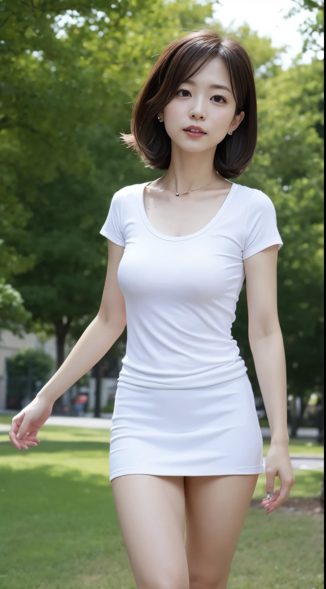 (High reality photograph, high resolusion, detailed face, detailed eyes) Skinny Japanese lady, 40 years old, various face expression, various hair style, skinny figure, very small breasts, very thin waist, in a park, White T-Shirt, skirt, full-body photo