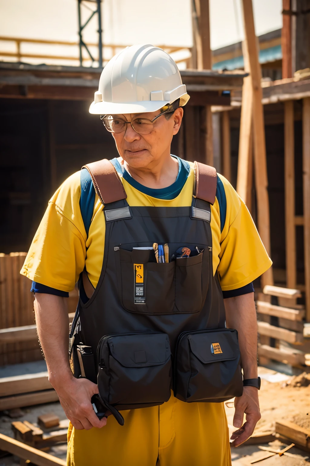 Construction site，hardhat，A worker，wood，incise，Foot on wood，Holding wood in hand，earnestly，rays of sunshine，professinal，brightly，Americanoreign people,foreign，
