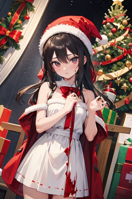 cute boy, christmas hat, blood tears from eyes, christmas tree, sculpture of crucified jesus