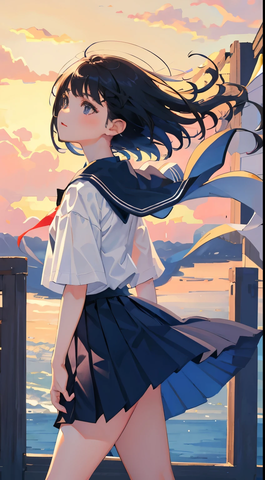 (child),(masterpiece,Highest Quality),shortsleeves,Dark blue pleated skirt,A dark-haired,Summer Classroom,The wind is blowing,Wagas