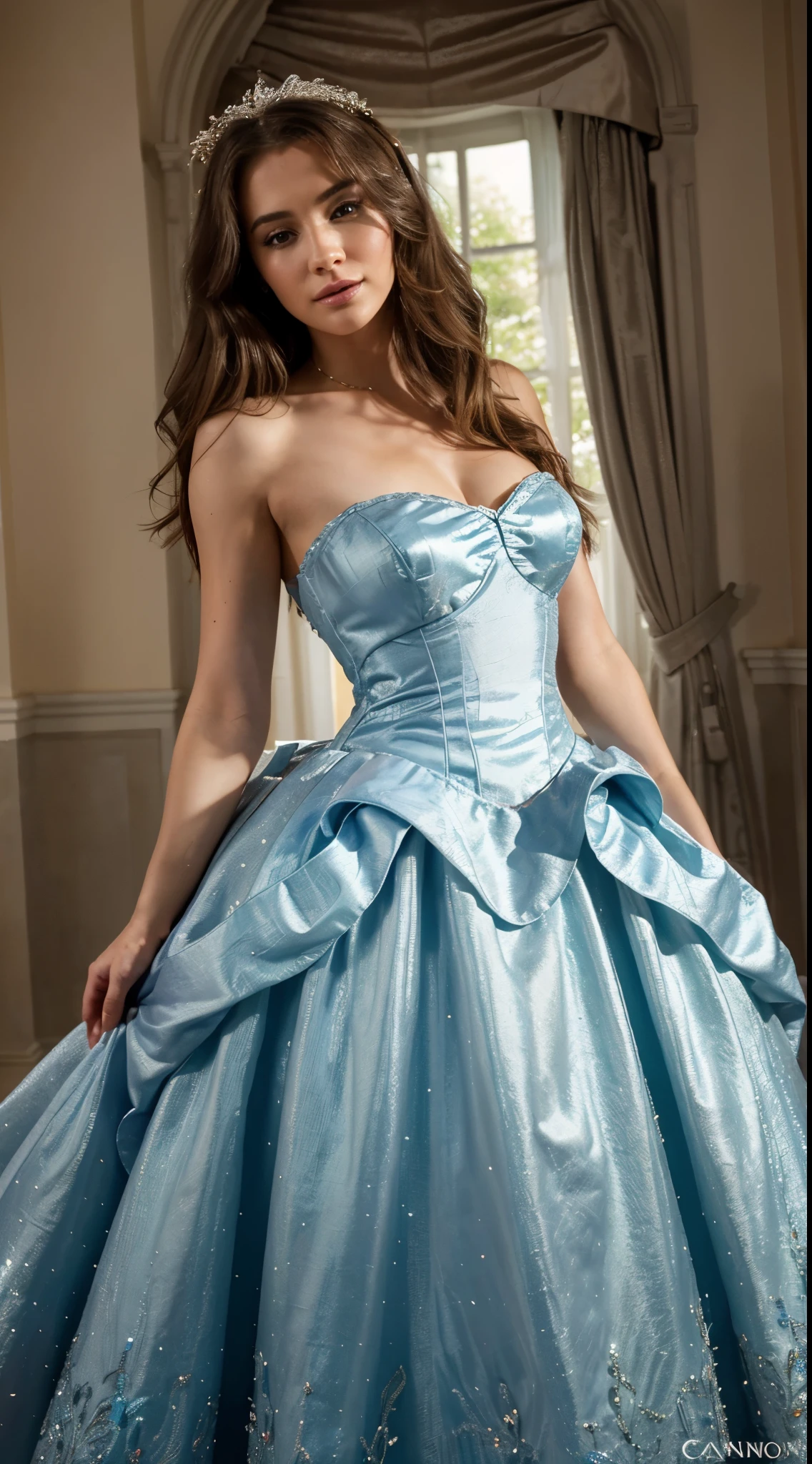 This prompt showcases a realistic, cinematic, high-definition (HD), 4K image of a beautiful 25-year-old woman gracefully adorned in a Cinderella gown. The image is captured using a professional Canon camera to ensure exceptional quality. The background is meticulously chosen to complement the overall aesthetic of the scene. Enjoy the visual delight
