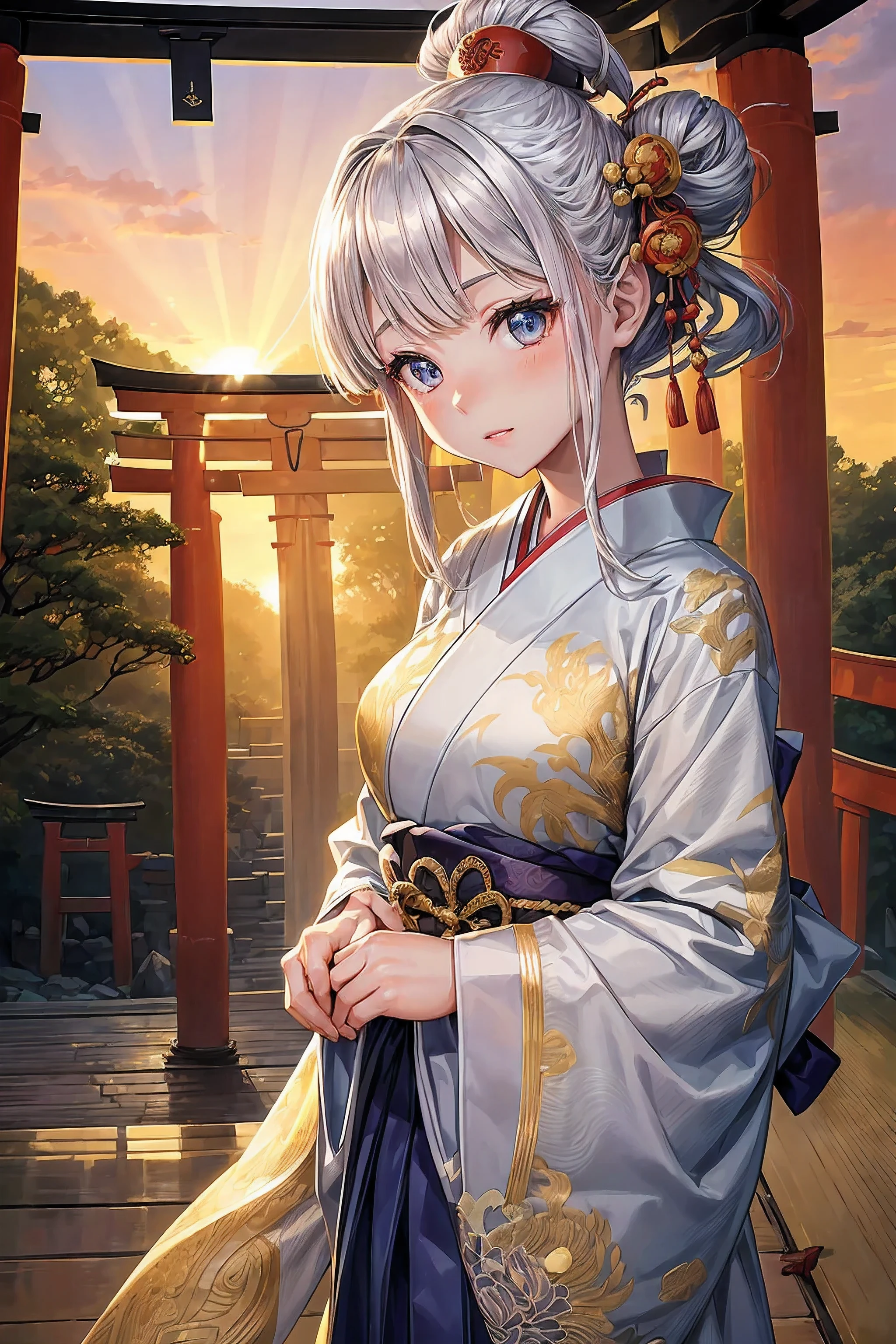 ((worst quality, low-quality)), ((girl with)), Solo, ((half updo, Silver hair)), plump shiny lips, ((Beautiful eyes):1.2), Spoken Heart, (A detailed dragon pattern is expressed with gold embroidery.。.:1.3,traditional Japanese clothing:1.2), embarrassed, Standing, Looking at Viewer, Head tilt, (sunrise light, rays of the morning sun:1.4), (( The background is a torii gate in Japan)), high-angle shot, masutepiece, Best Quality, ultra-detailliert,