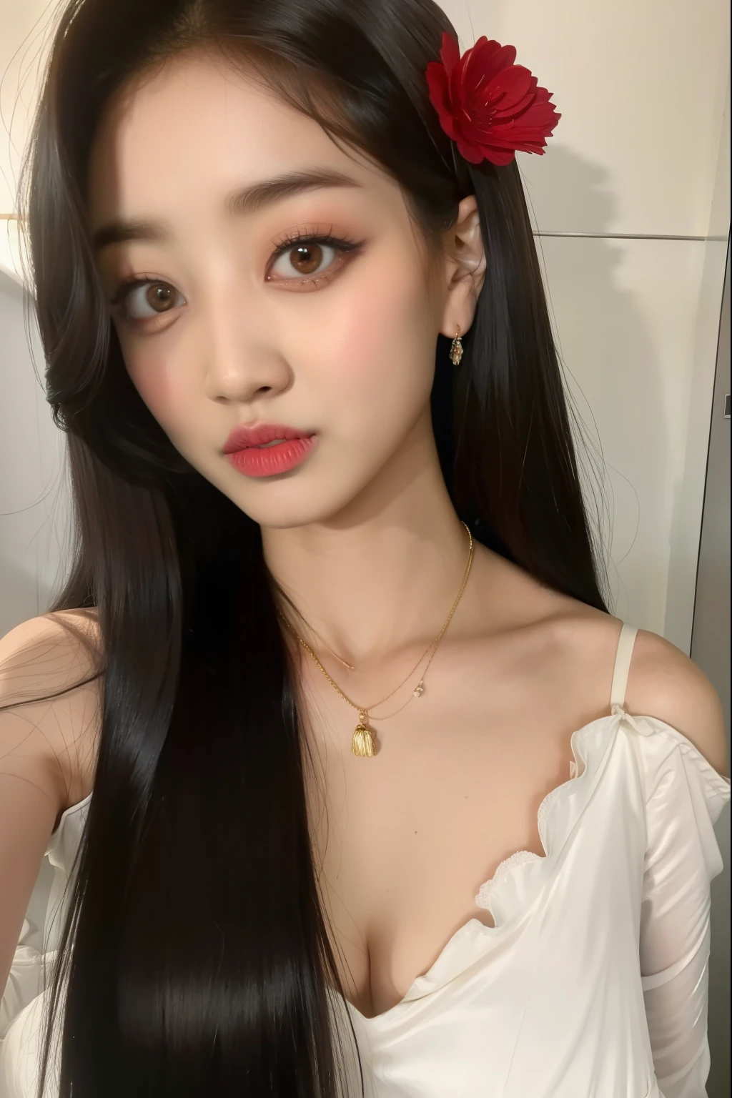 there is a woman with long black hair and a red flower in her hair, tzuyu de duas vezes, Jinyoung Canela, Jaeyeon Nam, dilraba dilmurat, Heonhwa Choe, Hwang SE - EM, Atriz coreana bonito, Lee Ji - Eun, Lee Ji-eun, Jisoo do Blackpink, Casa Yunjoo, Parque Ji-min