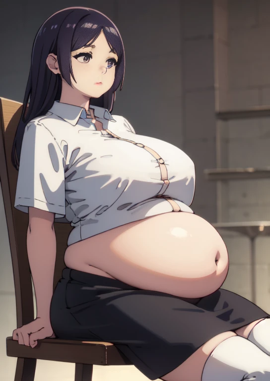 (masterpiece, best quality), 1girls, big belly, blurry background, huge belly, art by kipteitei, round belly, chubby, curvy, white button-up shirt, skirt, thighhighs, simple_background, gradient_background, belly bursting out of shirt, belly grab, enormous belly, fat belly, thicc, bigger belly, sitting on chair, really big belly, jiggly belly, shirt covering belly, belly cover by shirt