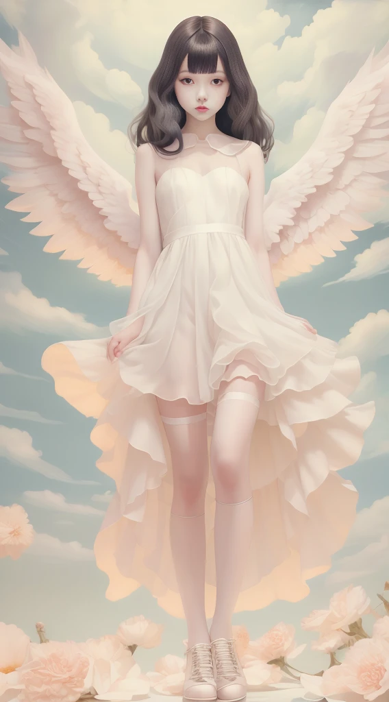 masterpiece, best quality, 1girl, black hair, angel of death, innocent, brown eyes, diadem, angel wings, black clothes, full body, arms  behind back, sky, halo, post-apocalypse,