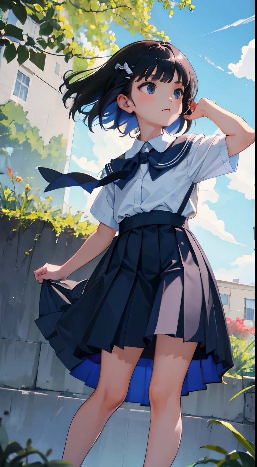 (),(masterpiece,Highest Quality),shortsleeves,Dark blue pleated skirt,A dark-haired,Summer Classroom,The wind is blowing,Wagas