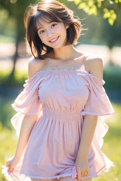 (Best Quality,Ultra-detailed,Photorealistic),Illustration,(soft and delicate style),Pastel colors,A beautiful girl with a refreshing appearance,Wearing an off-the-shoulder dress,An innocent and bright smile,rosy cheeks,thighs thighs thighs thighs,Short hair,Soft lighting,Vivid poses