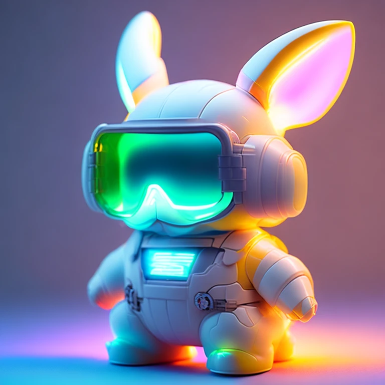 (Blind box toy style:1.2), (fully body photo) , 1 transparent cute rabbit, Transparent mech, Exquisite helmet:1.2, Glow-in-the-dark goggles:1.2, Pokémon，cyber punk personage,  luminous neon lights, Pokémon风格，Clean, white backgrounid, ( globalillumination, ray traycing, HighDynamicRange, unreal render,Reasonable design, high detal, tmasterpiece, Best quality, hyper HD, 电影灯光)