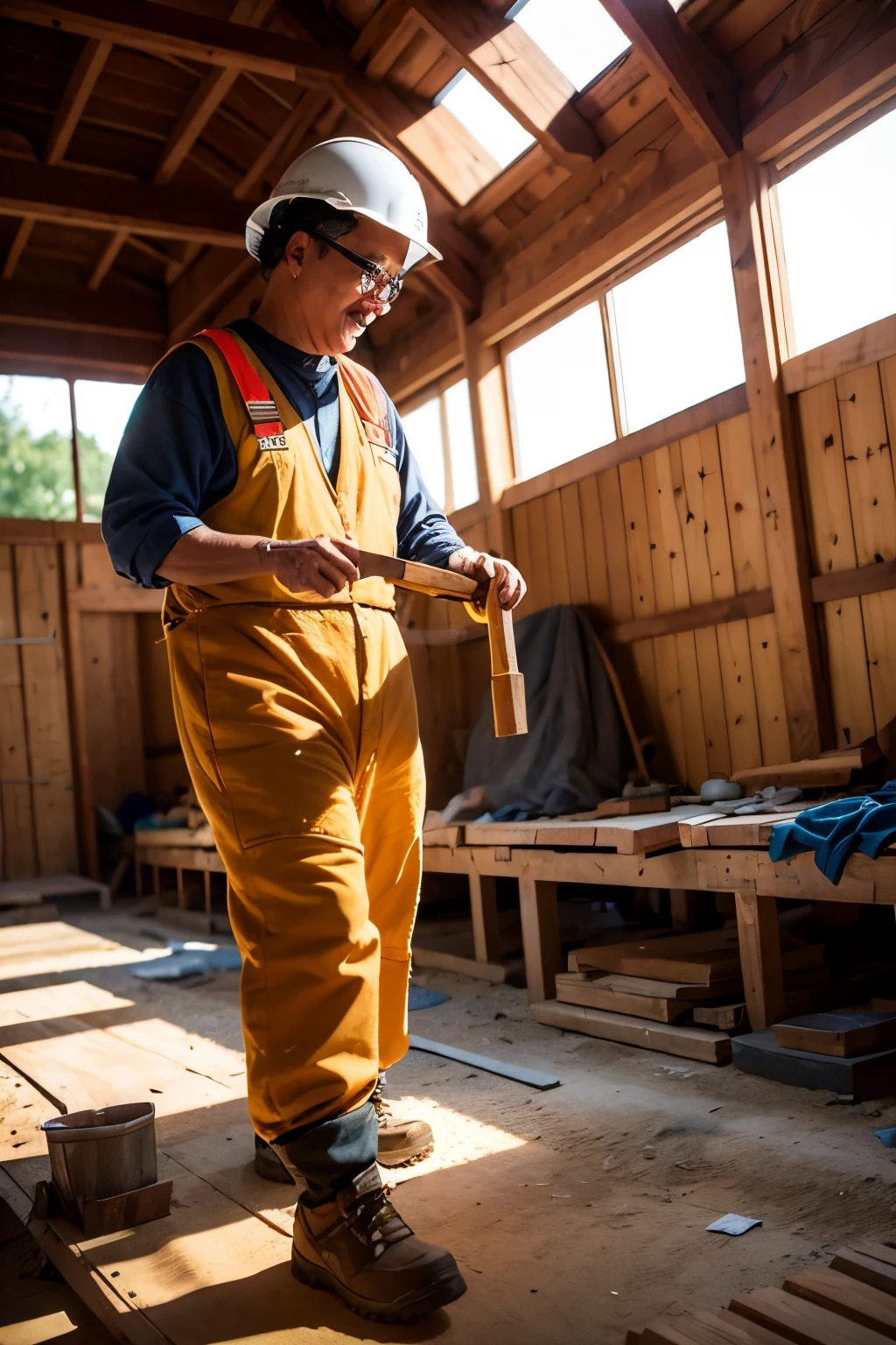 Construction site,hardhat,A worker,wood,incise,Foot on wood,Holding wood in hand,earnestly,rays of sunshine,professinal,brightly,Americanoreign people,foreign,stooped,Handmade,Tools in hand,earnestly,trabalhado