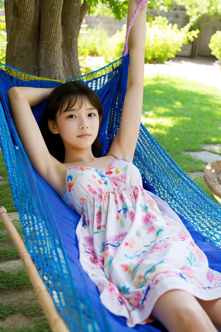 early summer、a beauty girl、、color summer dress、Provence region、Relax in a hammock、