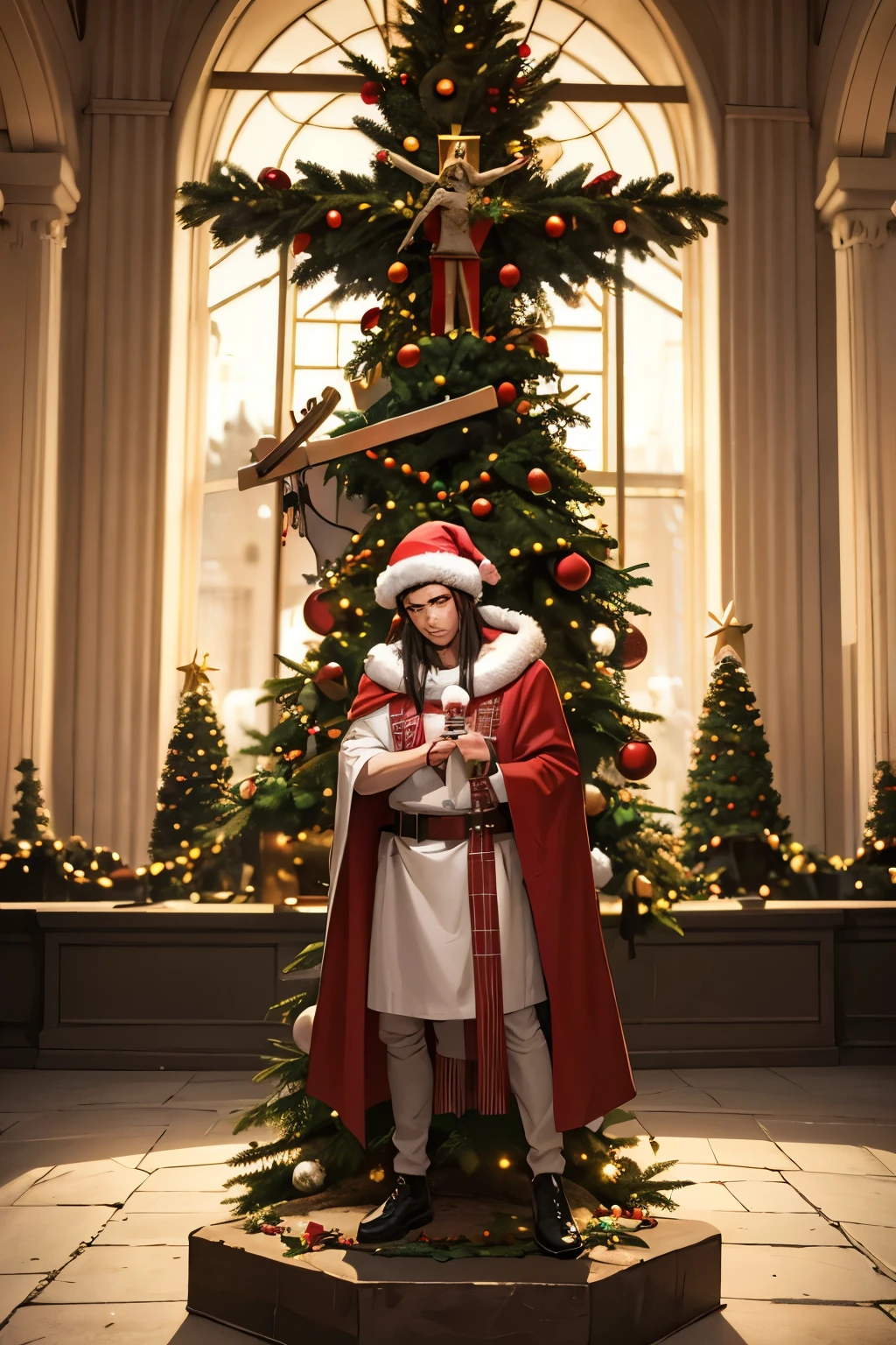 young man, christmas hat, eyes bleeding, christmas tree, sculpture of crucified jesus