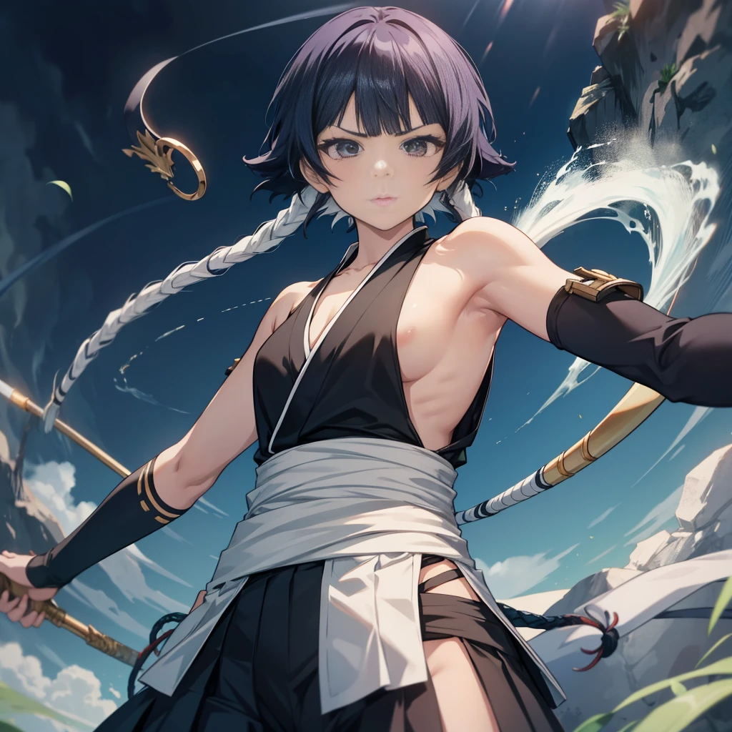 ( anime screen cap:1.1),Outdoors, 
1girl in, Solo, Black hair, sideboob barbosa,Standing, Short hair with long locks, hip vent, Short hair, small chest brown eyes:1.1),Black Hakama, No bra, gloves, Hakama skirt,low twin braids,sash,Cowboy Shot, face to the viewer, Looking at Viewer, serious faces,From below,Combat stance，腕を前に出してCombat stanceの構え，The whole body is surrounded by a white aura.