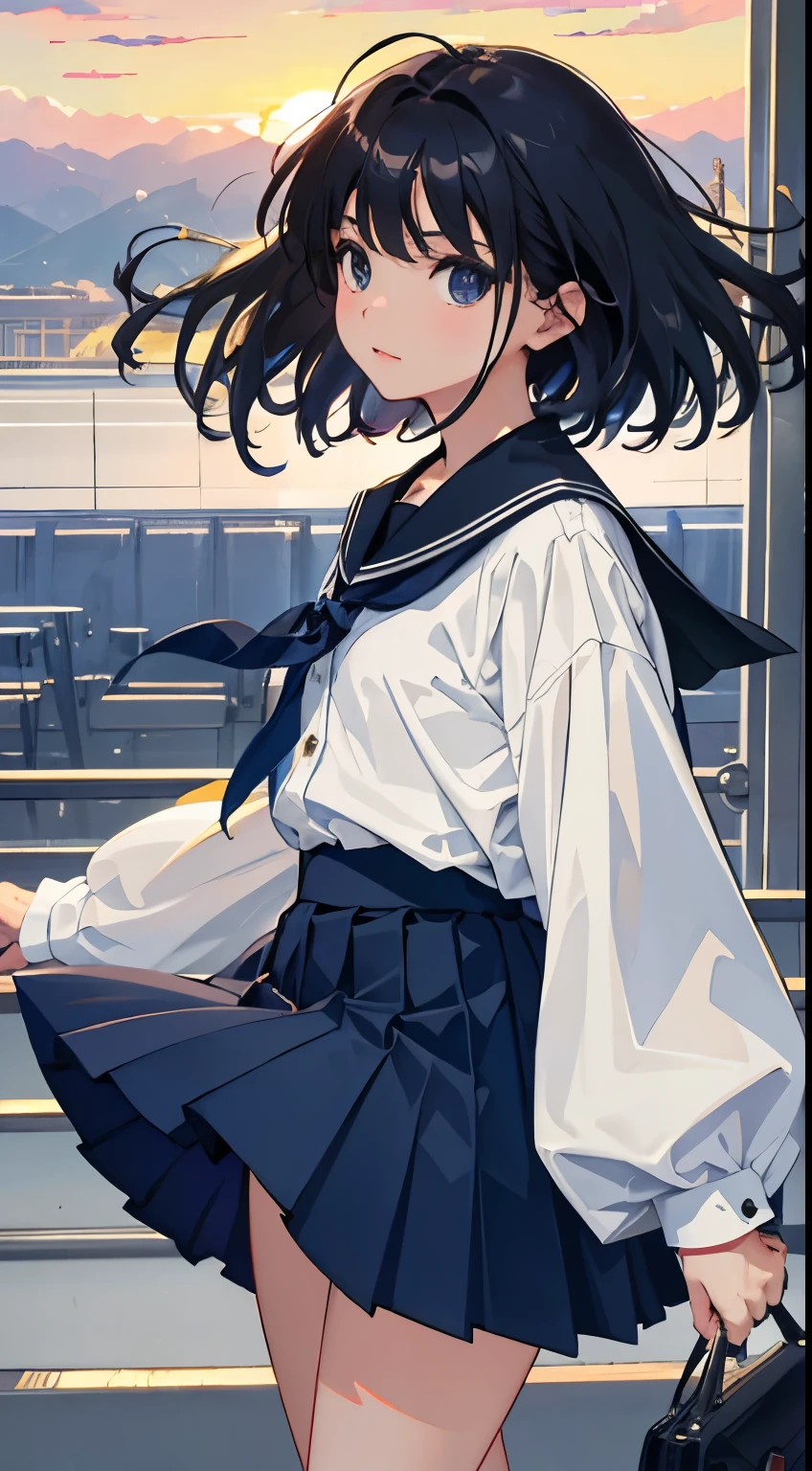 (),(masterpiece,Highest Quality),shortsleeves,Dark blue pleated skirt,A dark-haired,Summer Classroom,The wind is blowing,In the train car