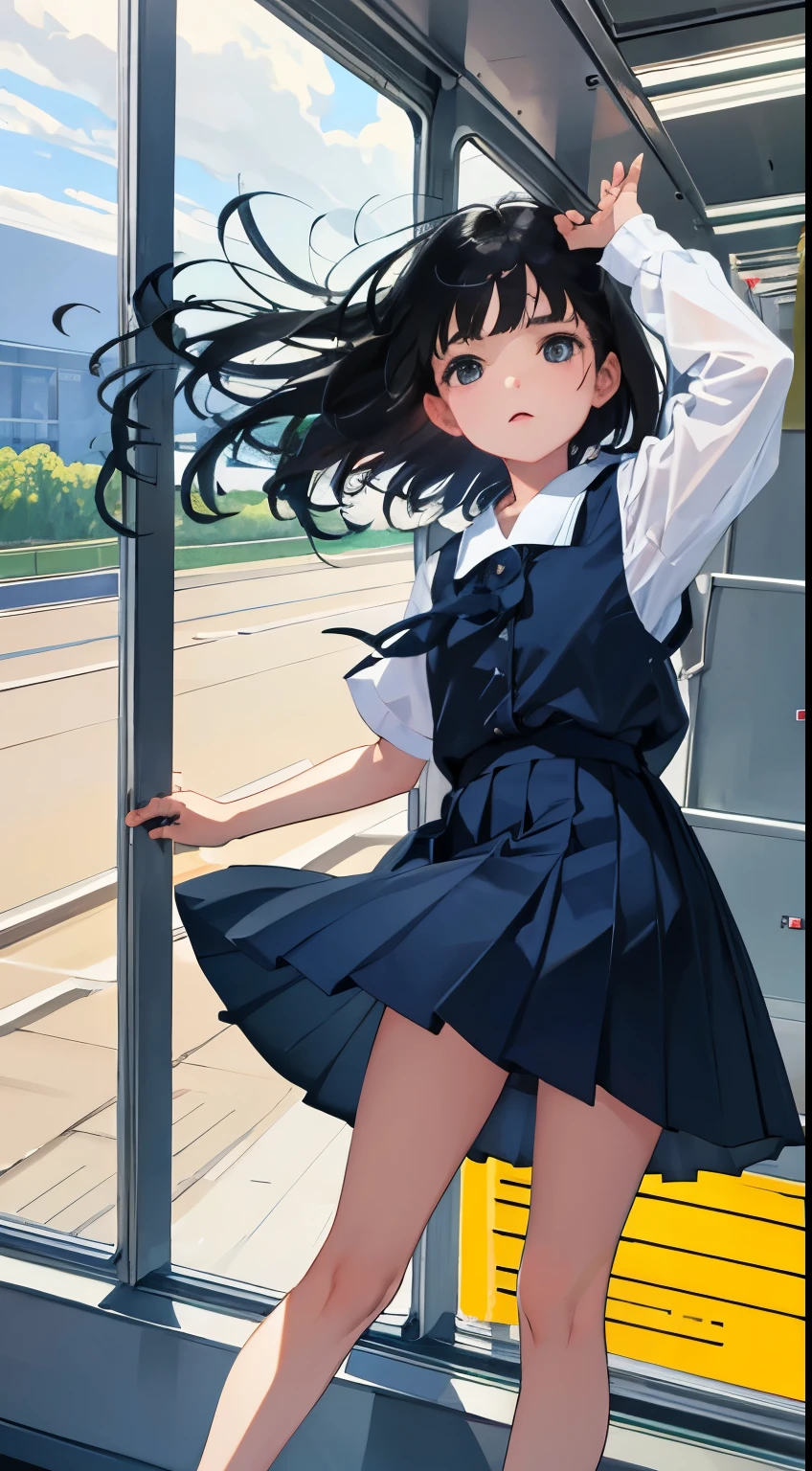 (child)，（​masterpiece，Highest Quality），Dark blue pleated skirt，shortsleeves，A dark-haired，Summer Classroom，The wind is blowing，In the train car