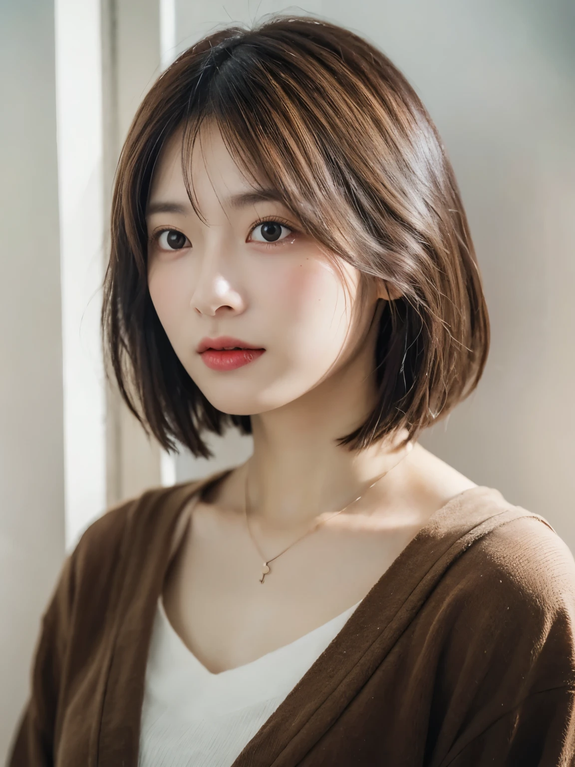 (photographrealistic:1.4), (Hyper realistic:1.4), (Realistic:1.3), (Smoother lighting:1.05), (increase cinematic lighting quality:0.9), 32K, 1girl in,25-years old, Realistic lighting, Backlighting, Light on Face, raytrace, (Brightening light:1.2), (Increase quality:1.4), (Top quality real texture skins:1.4), finely detailed eyes, finerly detailed face, (tired and sleepy and joy:0),a necklace, (Increase body line mood:1.1), (Increase the beauty of skin texture:1.1),full body Esbian,white walls、Taken in front of the white door、(窓のあるwhite wallsの部屋)、Autumn clothes、Winter clothes、シンプルa necklace、Poses variadas、Don't look at the camera、profile、(Dark brown short-cut hair)、(Red-brown wavy bob cut hair)、Shot in natural light