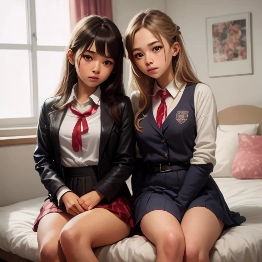 two girls sitting on a bed in a room, dos chicas, Yoshitomo Nara y Aya Takano, Hiperrealista , Chicas lindas, Dos colegialas japonesas posando, Dos hermosas chicas de anime, Alena Aenami y Lilia Alvarado, Ayami Kojima y Lyde Caldwell, Chica de anime en la vida real, a Hiperrealista schoolgirl