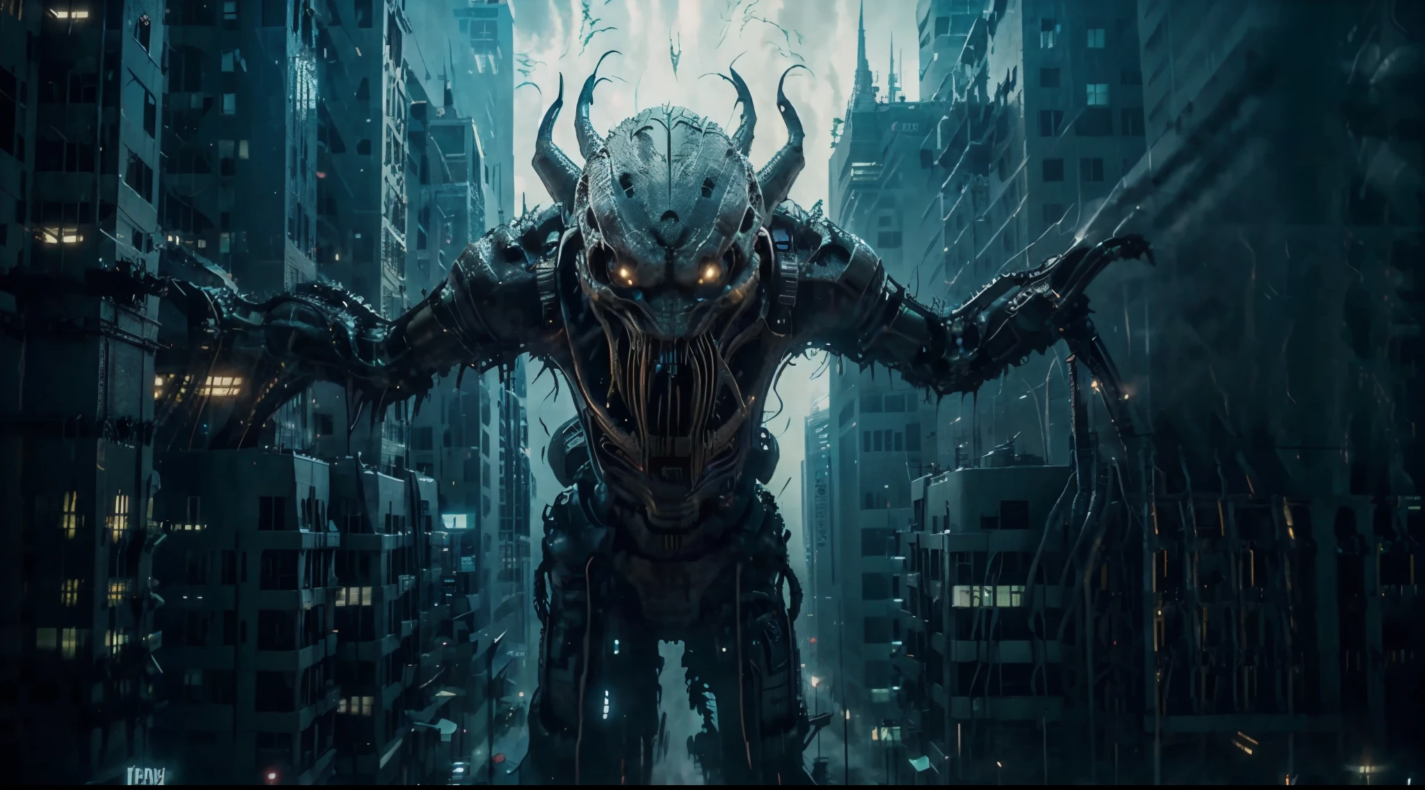 A dron view of A gient mechanical alien monster machine attacking on high rise building, film still, Hollywood movie,scene, cinematic styles , cinematic light, highly detailed, superior high quality,4K