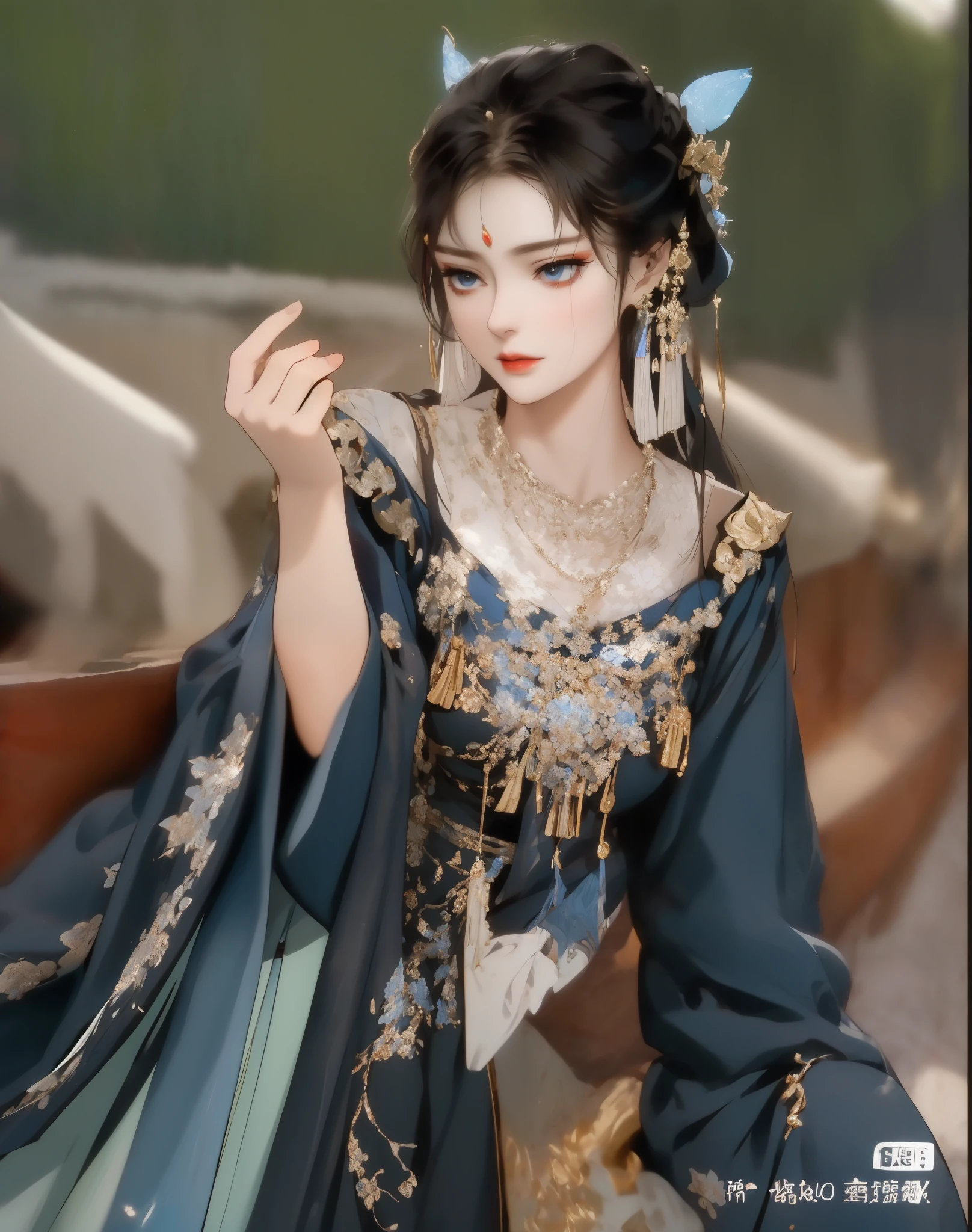 Dressed in blue、Woman in blue shawl and necklace, beautiful fantasy queen beautiful fantasy queen)), 宮 , A girl in Hanfu, In line with ancient Chinese aesthetics, Hanfu, xianxia fantasy, xianxia, Traditional beauty, Inspired by Huang Ji, full body xianxia, Wearing ancient Chinese clothes