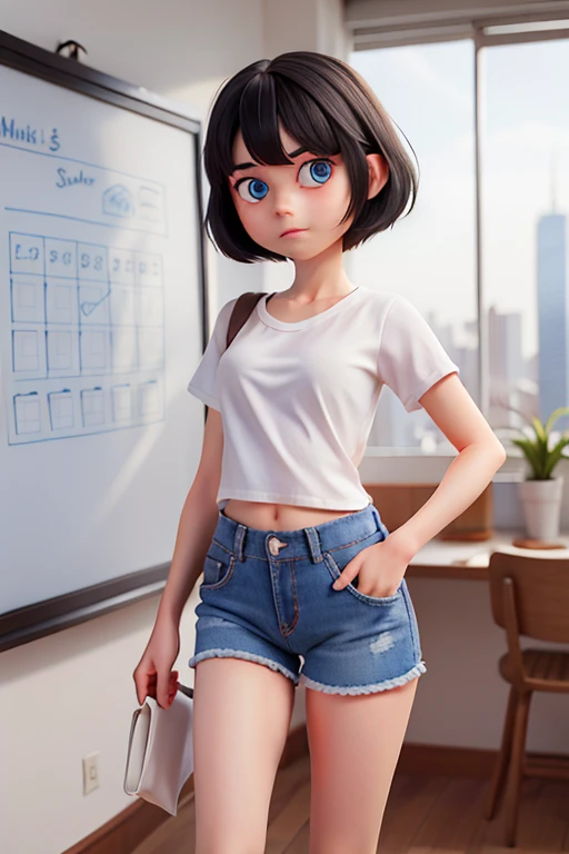 1girl, short black hair, blue eyes, wearing plain white shirt, holding whiteboard, denim shorts, city, looking at viewer