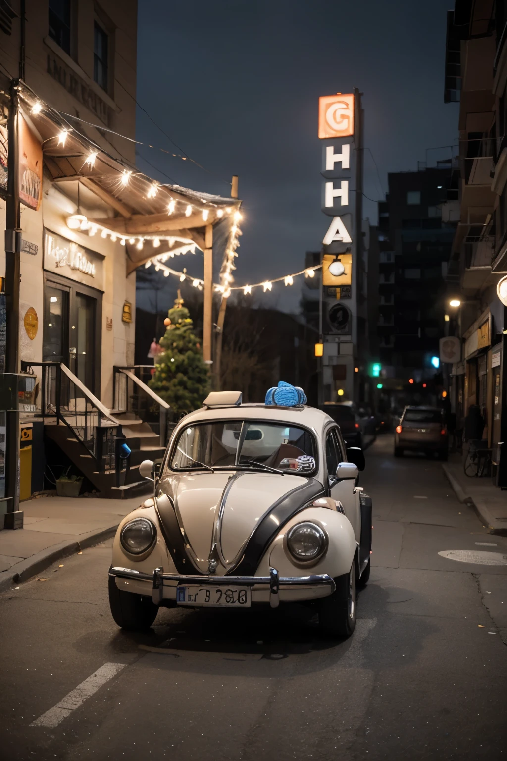 Feliz navidad amigos tarjeta de hot wheels con un VW bug custom con back ground de ciudad de noche