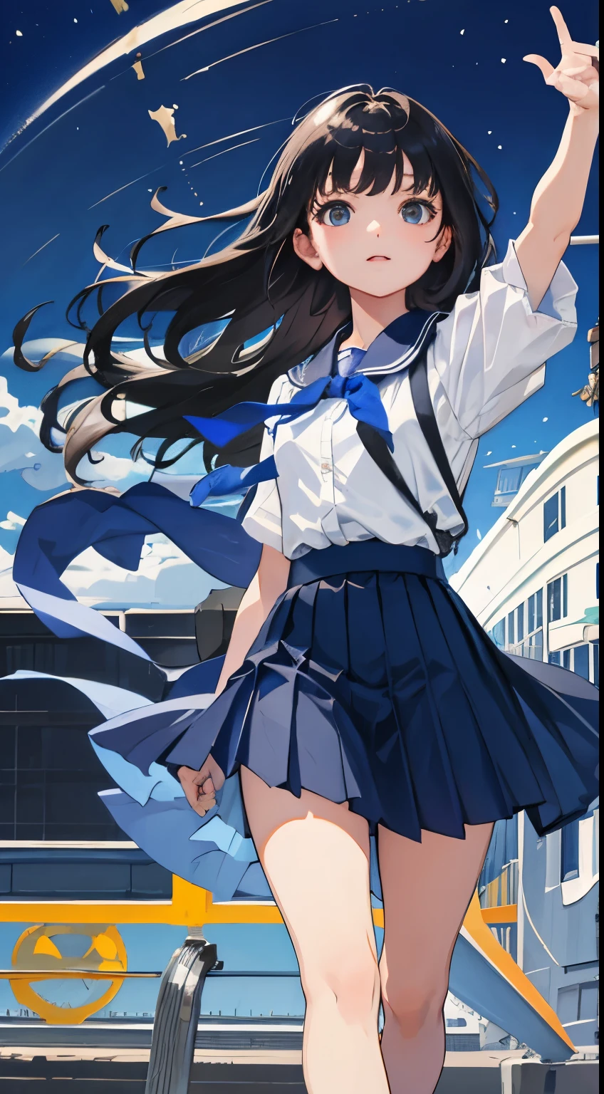(),(masterpiece,Highest Quality),Dark blue pleated skirt,shortsleeves,A dark-haired,Summer Classroom,The wind is blowing,In the train car