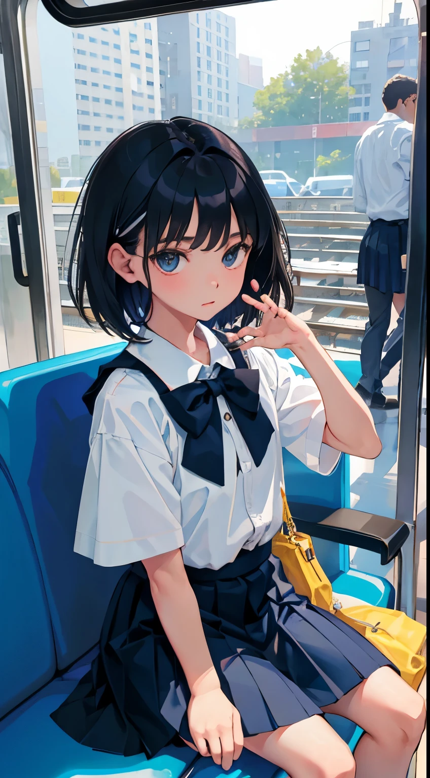 (),(masterpiece,Highest Quality),Dark blue pleated skirt,shortsleeves,A dark-haired,Summer Classroom,In the train car