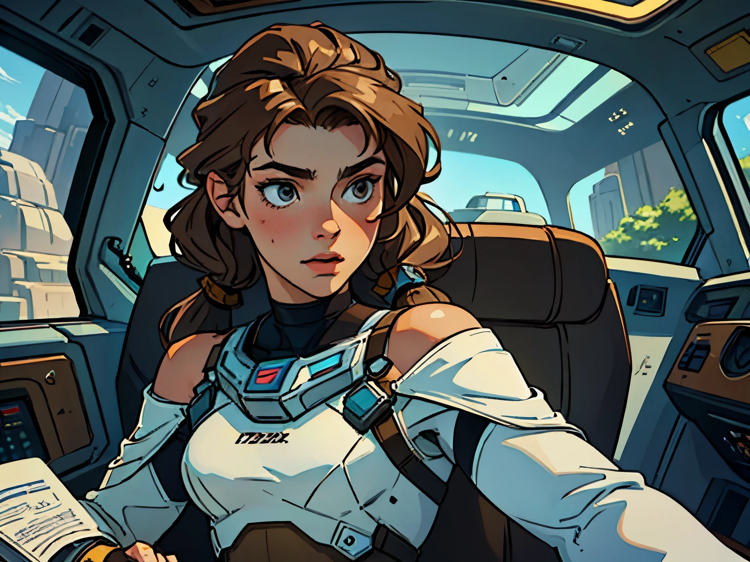masterpiece, best quality, (Caucasian ager), 18 years old, hazel eyes, (wavy brown hair), (hair tied back), small breasts. She wears a white, off-the-shoulder sci-fi suit (spaceship interior)