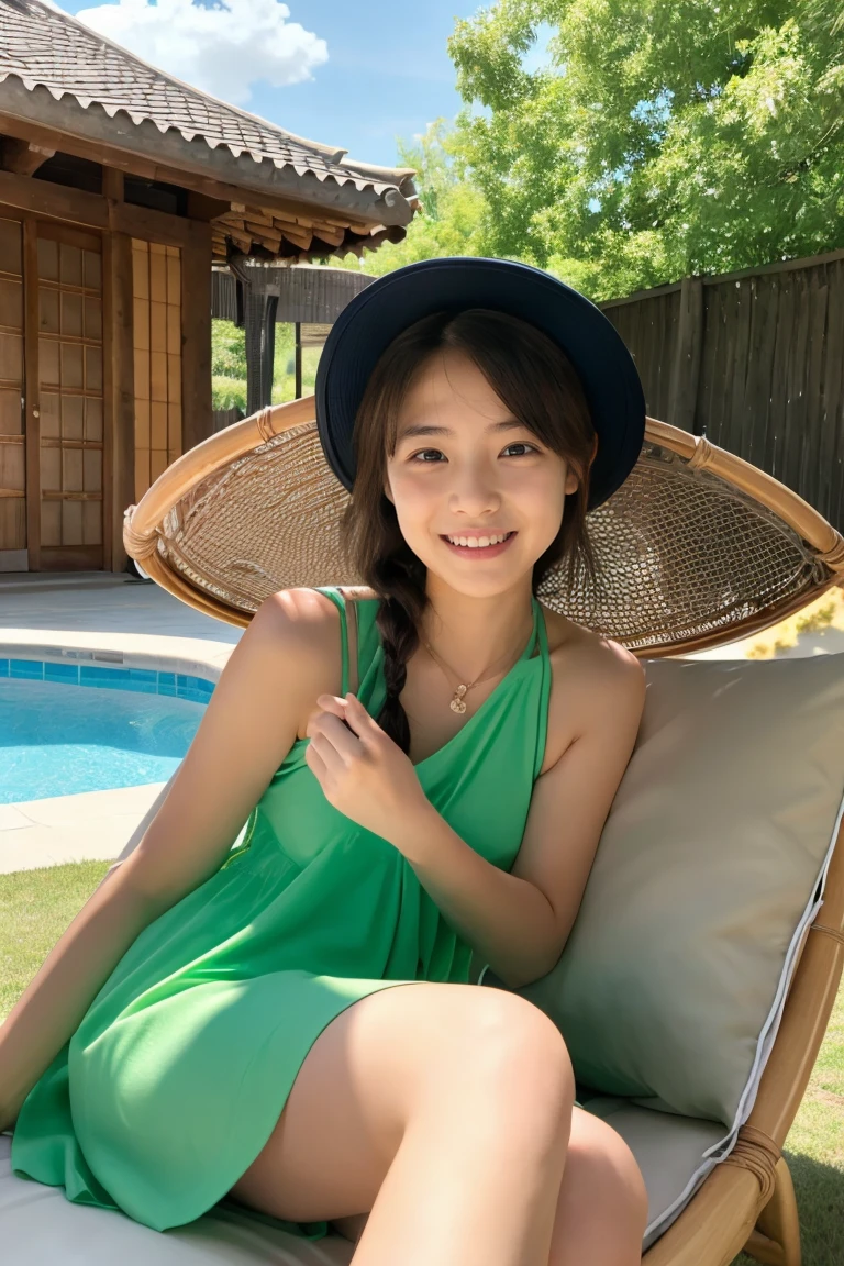 early summer、a beauty girl、14years、japanes、color summer dress、Provence region、Relax in a hammock、happy facial expression、