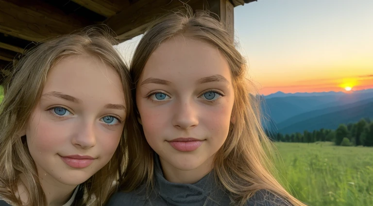 ((best quality)), ((Meisterwerk)), (Detailliert), Perfektes Gesicht, 18 year old girl in front of mountains at dusk, Kizi, 18 Jahre alt, dreamy look, blondes Haar, blaue Augen, runny, kleine Brust, Kleiner Hintern, offene Bluse, vor Bergen, bei Sonnenuntergang