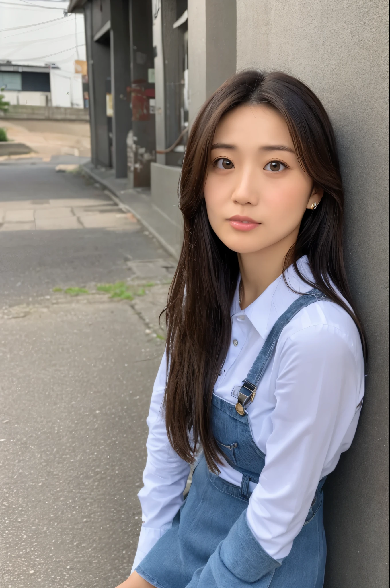 (Highly realistic photos, high resolusion, Detailed face, Detailed eyes) thin japanese woman, 35 years old, 1 girl, Cute face, various hairstyles, skinny body shape, Breast Abundance, very thin waist, High School Uniform, in a street, fully body photo