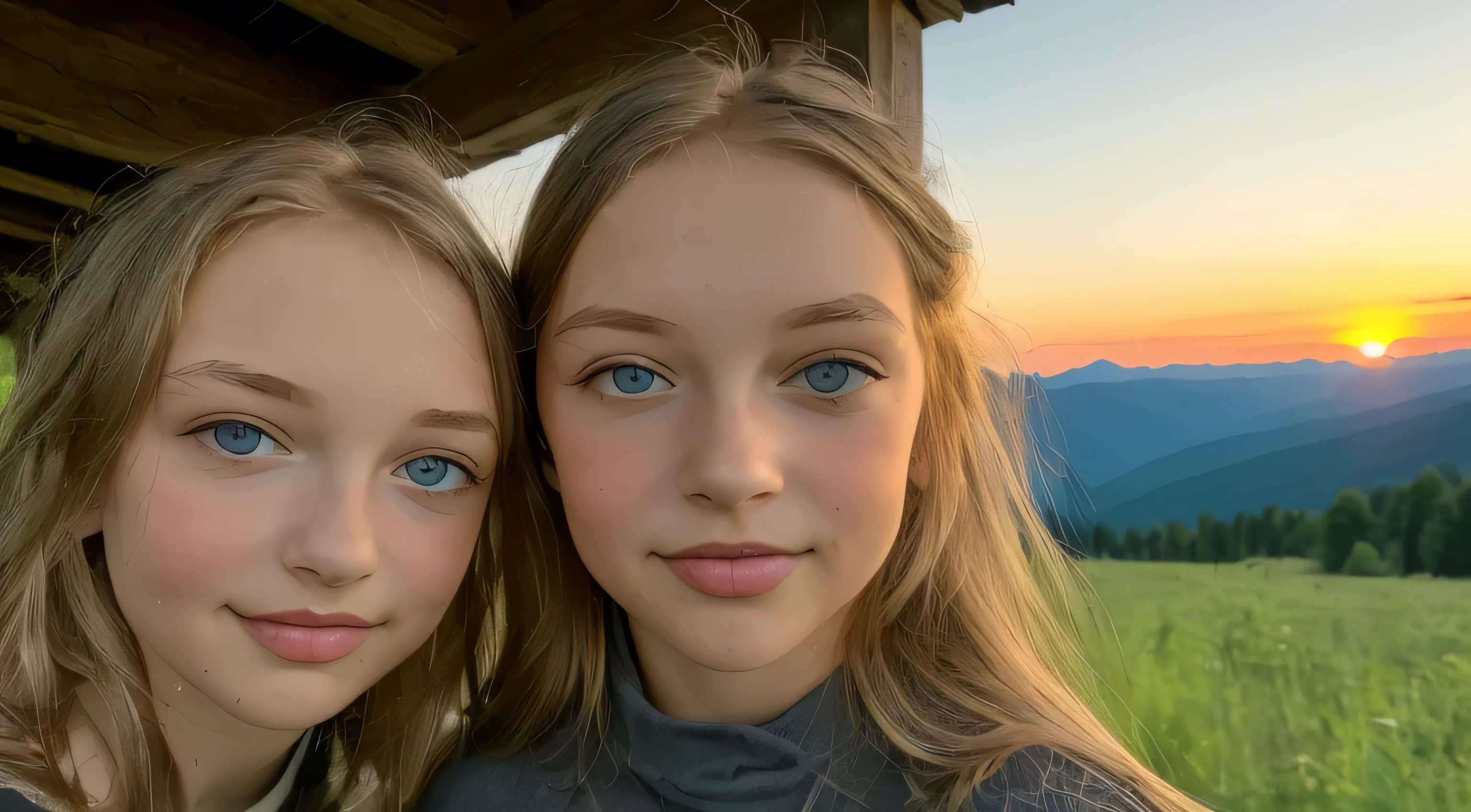 ((best quality)), ((Meisterwerk)), (Detailliert), Perfektes Gesicht, 18 year old girl in front of mountains at dusk, Kizi, 18 Jahre alt, dreamy look, blondes Haar, blaue Augen, runny, kleine Brust, Kleiner Hintern, offene Bluse, vor Bergen, bei Sonnenuntergang