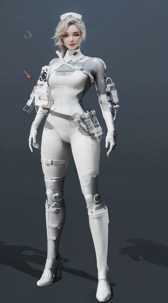 (Highest image quality, outstanding details, ultra-high resolution), 1 girl, (wearing white futuristic military nurse outfit), (glamour body:1.2, buffed and muscular body), (a bit chubby:0.5), (futuristic military nurse outfit inspired by bike suit and industrial manufacturing robot, military harness, military gears such as poucheackground military base, mild smile, dynamic pose, dramatic lighting,