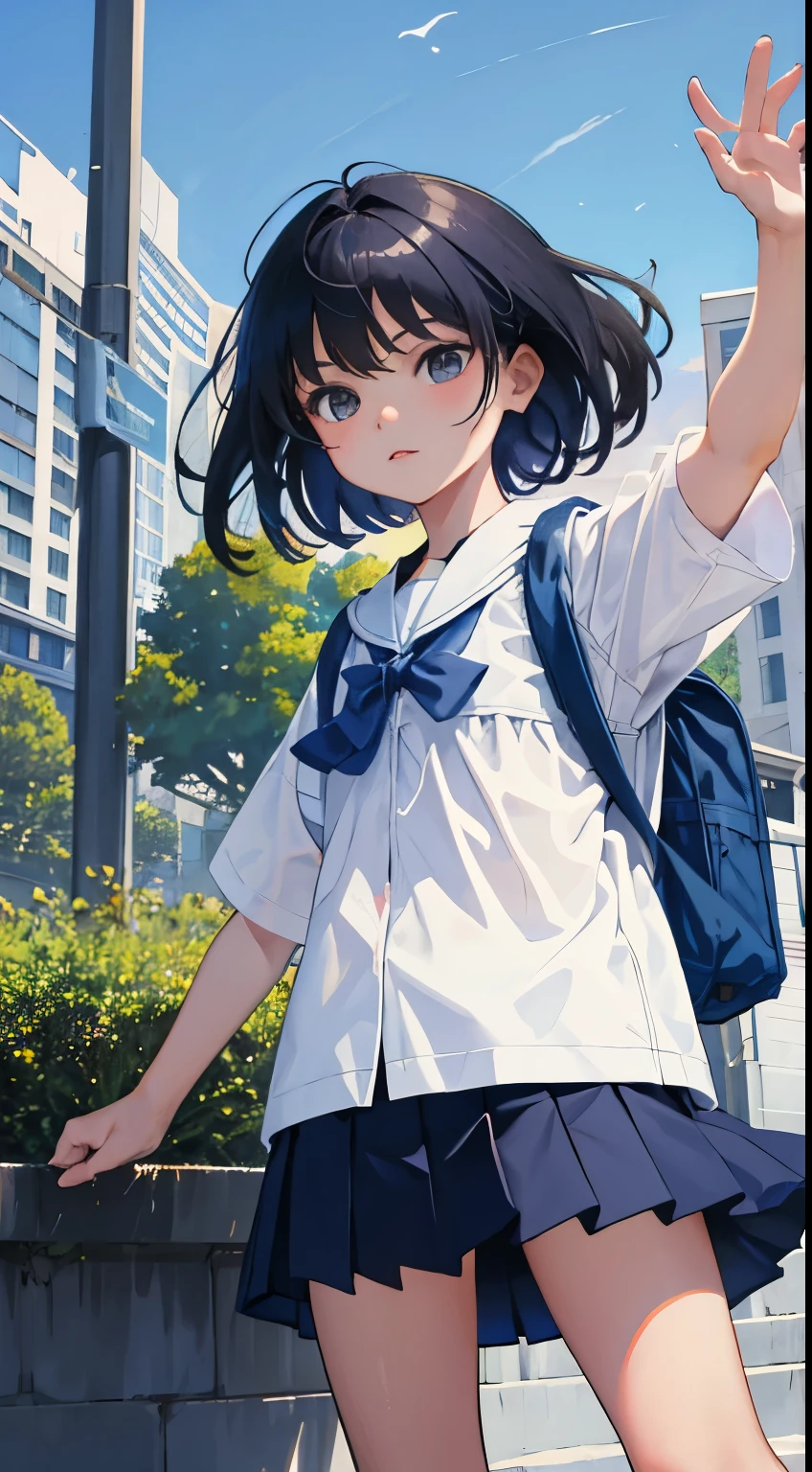 (child),(masterpiece,Highest Quality),backpack,Dark blue pleated miniskirt,shortsleeves,A dark-haired,Summer Classroom,The wind is blowing,a park