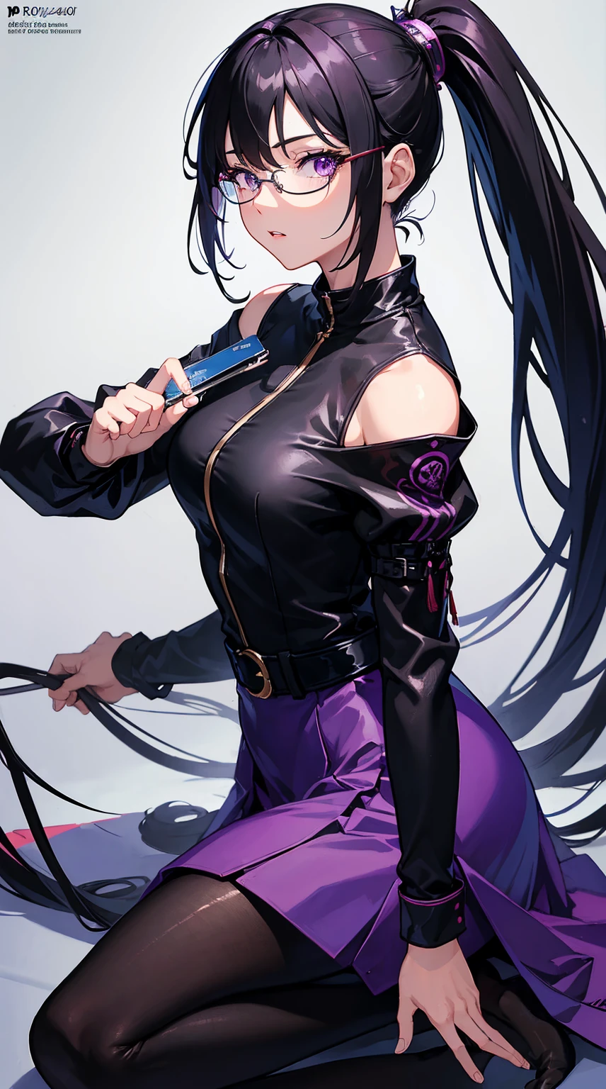 (masterpiece), (best quality), (4K) , (ultra resolution), (Super detailed)1 anime girl, long ponytail black hair, long sleeve dress, long skirts, martial artist, eyeglasses, black pantyhose, purple eyes, detailed face, detailed eyes,
