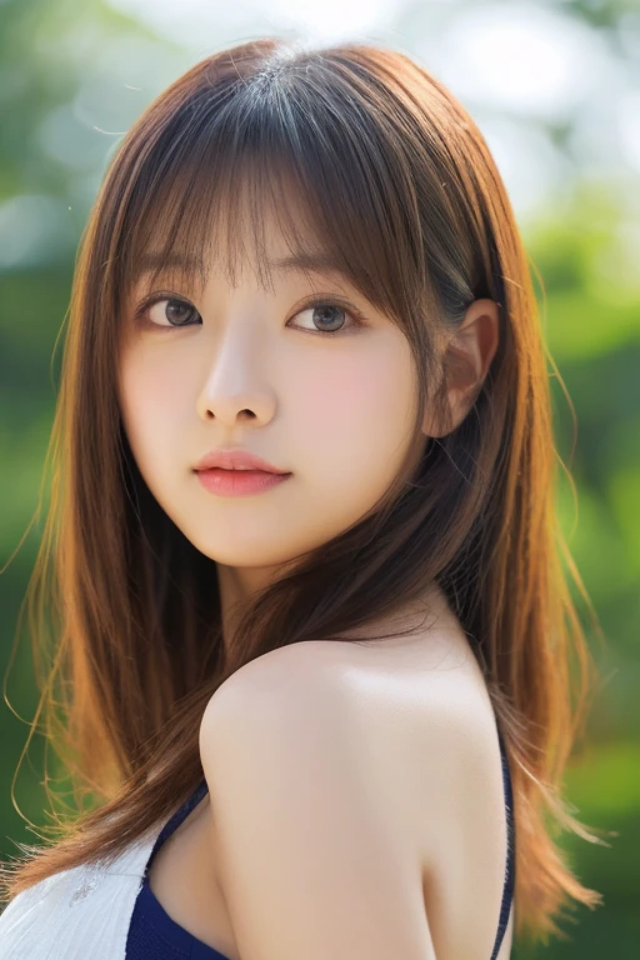 ((cute little日本の女の子、Beautiful japanese girl、1 girl in、age19、Highly detailed facial and skin texture、hyperdetailed face、ultradetailed eyes、teak、teakを塗ったピンクの頬、close-up of woman、bustup、frontage、cute little、smooth white skin、Transparent skin texture、))、(dark brown hair、bangss)、Looking at the camera、Beautiful Women in Perfect Style:1.4、Japanese Models、Young gravure idols、若いcute littleグラビアアイドル、Realistic Young Gravure Idol、refinementされたグラビアアイドル、((top-quality、in 8K、masterpiece:1.3))、(4K、Raw photography、top-quality)、(reallistic、フォトreallistic:1.37)、Place a person on the other side of the screen、natural soft light、poneyTail、upper body and head、refinement
