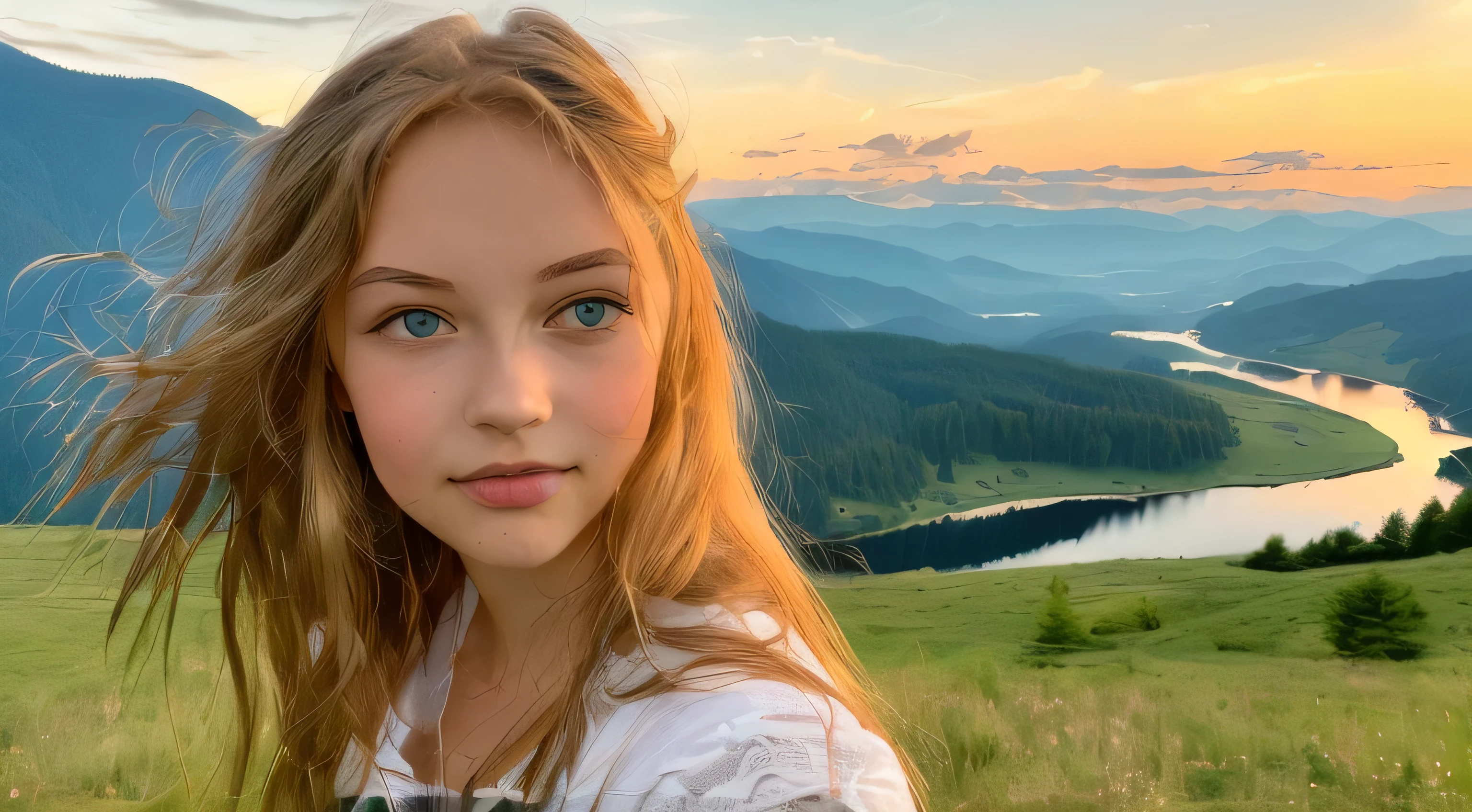 ((best quality)), ((Meisterwerk)), (Detailliert), Perfektes Gesicht, 18 year old girl in front of mountains at dusk, Kizi, 18 Jahre alt, dreamy look, blondes Haar, blaue Augen, runny, kleine Brust, Kleiner Hintern, offene Bluse, vor Bergen, bei Sonnenuntergang