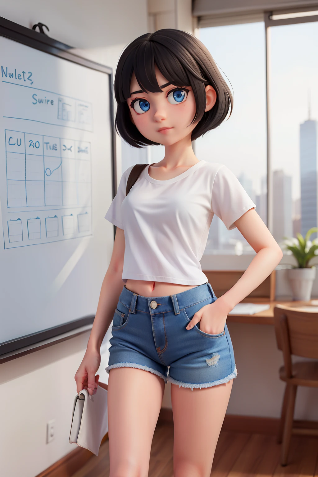 1girl, short black hair, blue eyes, wearing plain white shirt, holding whiteboard, denim shorts, city, looking at viewer