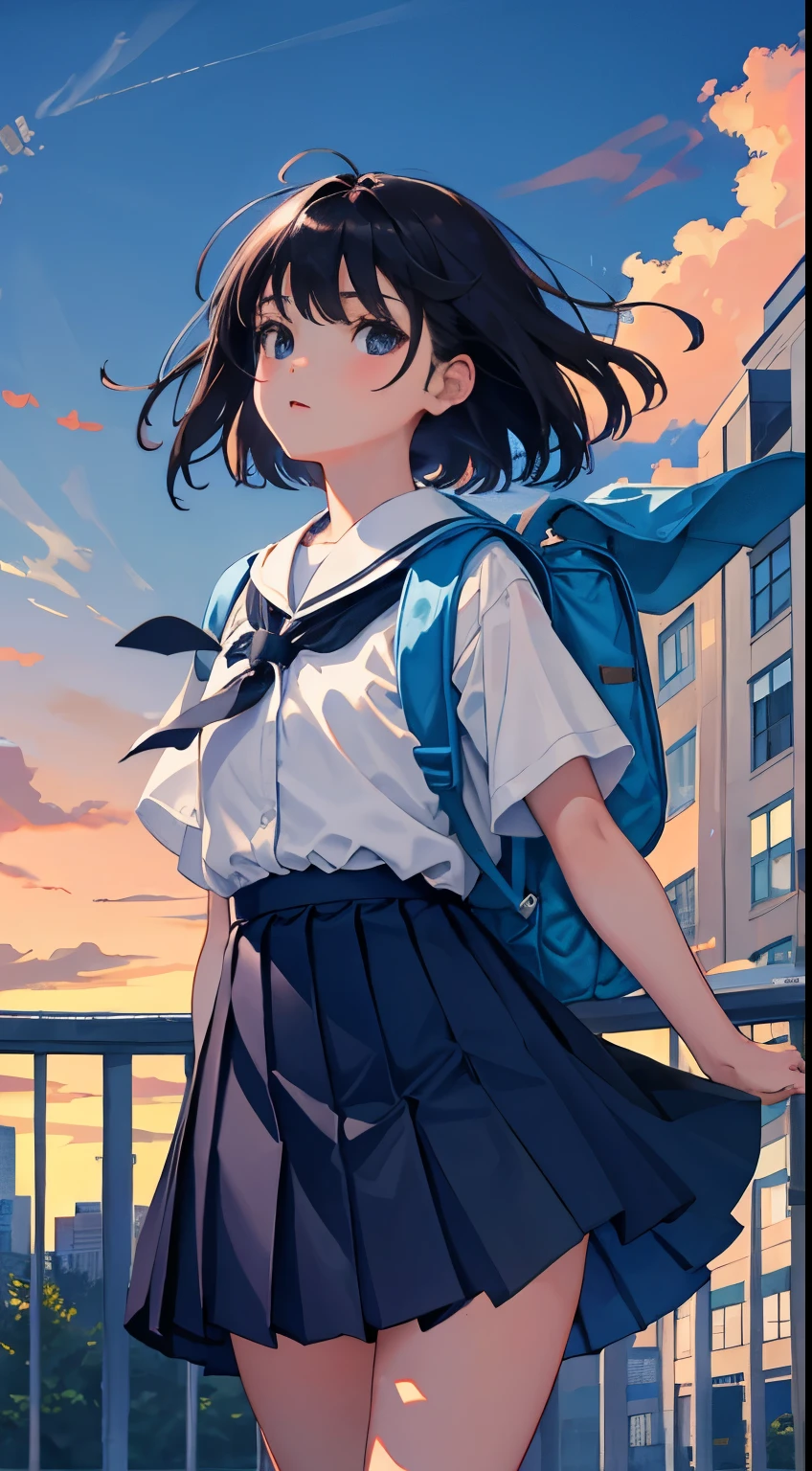 (child)，（​masterpiece，Highest Quality），backpack，Dark blue pleated miniskirt，shortsleeves，A dark-haired，Summer Classroom，The wind is blowing，a park