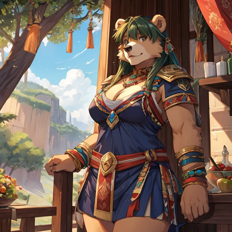 A bear man，teens girl，brown pubic fur，palla，Detailed character details