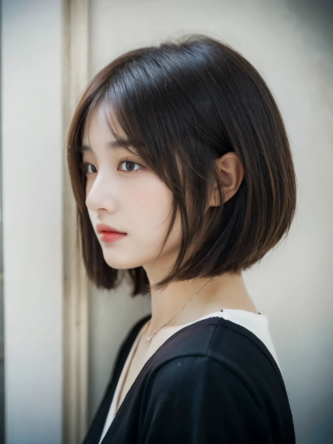 (photographrealistic:1.4), (Hyper realistic:1.4), (Realistic:1.3), (Smoother lighting:1.05), (increase cinematic lighting quality:0.9), 32K, 1girl in,25-years old, Realistic lighting, Backlighting, Light on Face, raytrace, (Brightening light:1.2), (Increase quality:1.4), (Top quality real texture skins:1.4), finely detailed eyes, finerly detailed face, (tired and sleepy and joy:0),a necklace, (Increase body line mood:1.1), (Increase the beauty of skin texture:1.1),full body Esbian,white walls、Taken in front of the white door、(窓のあるwhite wallsの部屋)、Autumn clothes、Winter clothes、シンプルa necklace、Poses variadas、Don't look at the camera、profile、(Dark brown short-cut hair)、(Red-brown wavy bob cut hair)、Shot in natural light