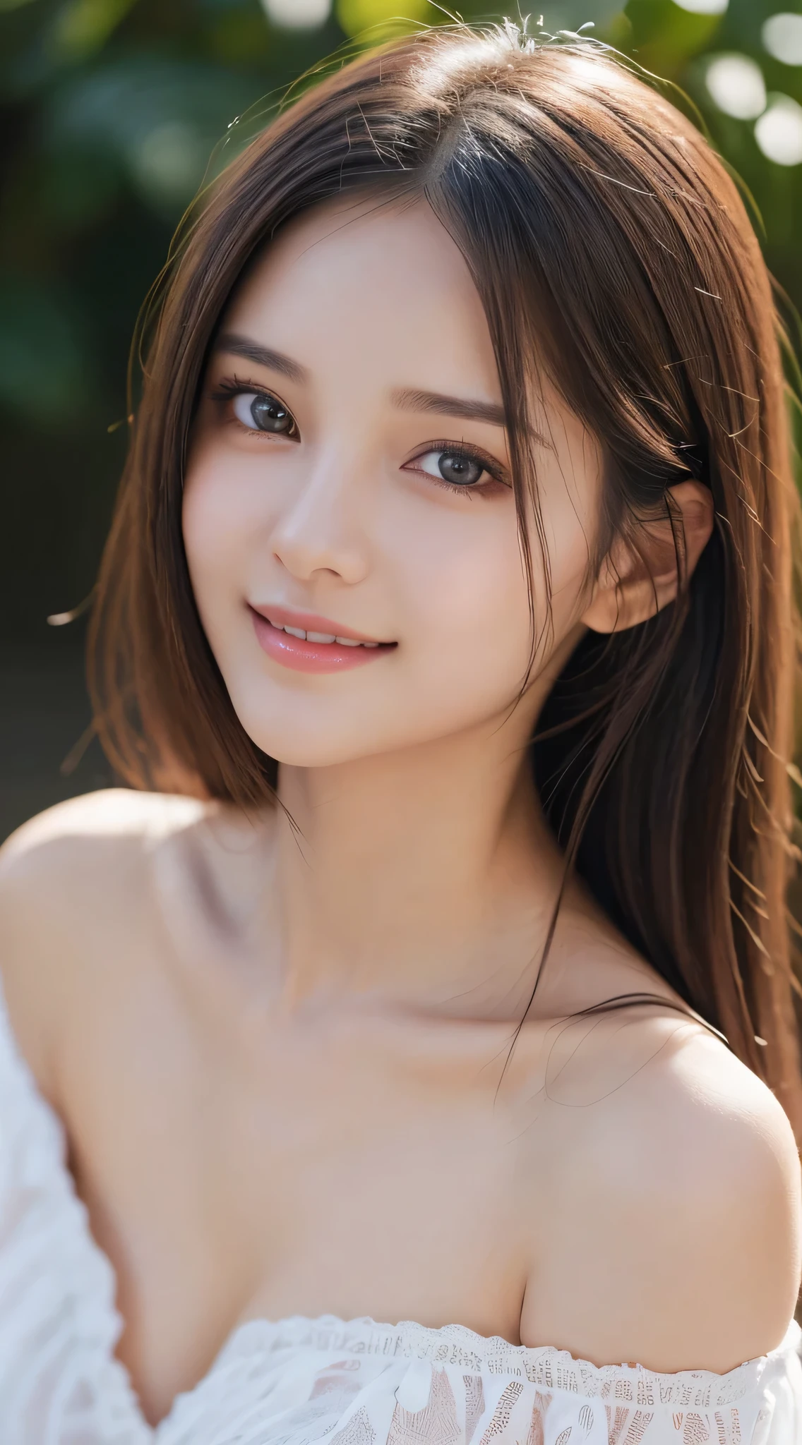 1girl in, Extremely cute, Amazing face and eyes, (extremely detailed beautiful face), (Ultra Realistic), (Highly detailed eyes, Highly detailed hair, Highly detailed face, Highly detailed plump lips), (off shoulders), breasts, Upper body, Search Smile, (Best Quality:1.4), Raw photo, (Realistic, photo-Realistic:1.37), Professional Photography, Cinematic Light,