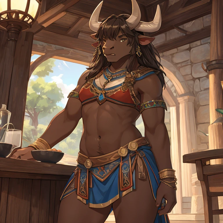 a minotaur,s girl,brown pubic fur,palla,Detailed character details