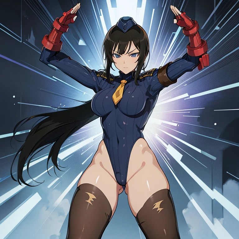 ultra-detailed, Explicit, Beautiful body, Beautiful Nose, Beautiful character design, perfect eyes, perfect face, ultra highres, 4K, beautiful legs, perfect legs, Nice hands, Perfect hand, Masterpiece, Best Quality, Highly detailed, illustration, absurdres, street fighter, doll suit, shadaloo doll, dollsuit, expressionless, blank eyes, looking at viewer, red gloves, emotionless, black latex, corrution, mind control, female combatant, full body, hypnotized, unhappy trance, full body suit, ribbed bodysuit, both arms at side, obey, perfect female body, extremely glossy latex, hypnosis, hypnoLora, empty eyes, Mind control device, poses, submissive_pose, Slave, hat, necktie, stand up straight, standing, standing at attention, hat, necktie, belt, latex, ribbed bodysuit, thighhighs, garter belt, Fighting Stance, extending the right arm from the shoulder into the air with a straightened hand, nazi saluting, military, military saluting, salute, thigh boots, 1girl, senran kagura, Kagura, black haie long hair, blue eyes, from back, from below