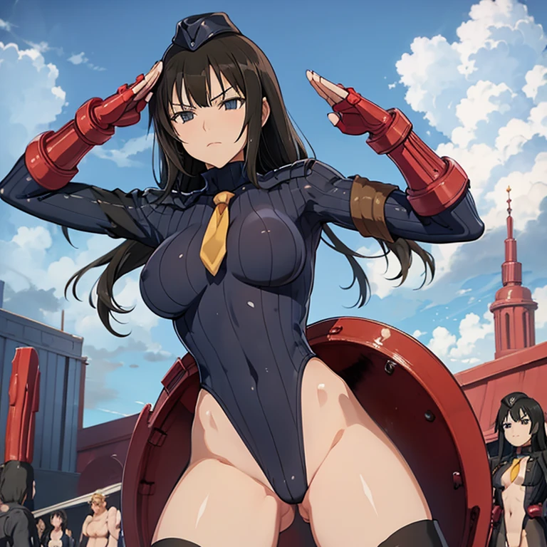 ultra-detailed, Explicit, Beautiful body, Beautiful Nose, Beautiful character design, perfect eyes, perfect face, ultra highres, 4K, beautiful legs, perfect legs, Nice hands, Perfect hand, Masterpiece, Best Quality, Highly detailed, illustration, absurdres, street fighter, doll suit, shadaloo doll, dollsuit, expressionless, blank eyes, looking at viewer, red gloves, emotionless, black latex, corrution, mind control, female combatant, full body, hypnotized, unhappy trance, full body suit, ribbed bodysuit, both arms at side, obey, perfect female body, extremely glossy latex, hypnosis, hypnoLora, empty eyes, Mind control device, poses, submissive_pose, Slave, hat, necktie, stand up straight, standing, standing at attention, hat, necktie, belt, latex, ribbed bodysuit, thighhighs, garter belt, Fighting Stance, extending the right arm from the shoulder into the air with a straightened hand, nazi saluting, military, military saluting, salute, thigh boots, 1girl, senran kagura, Kagura, black haie long hair, blue eyes, from back, from below