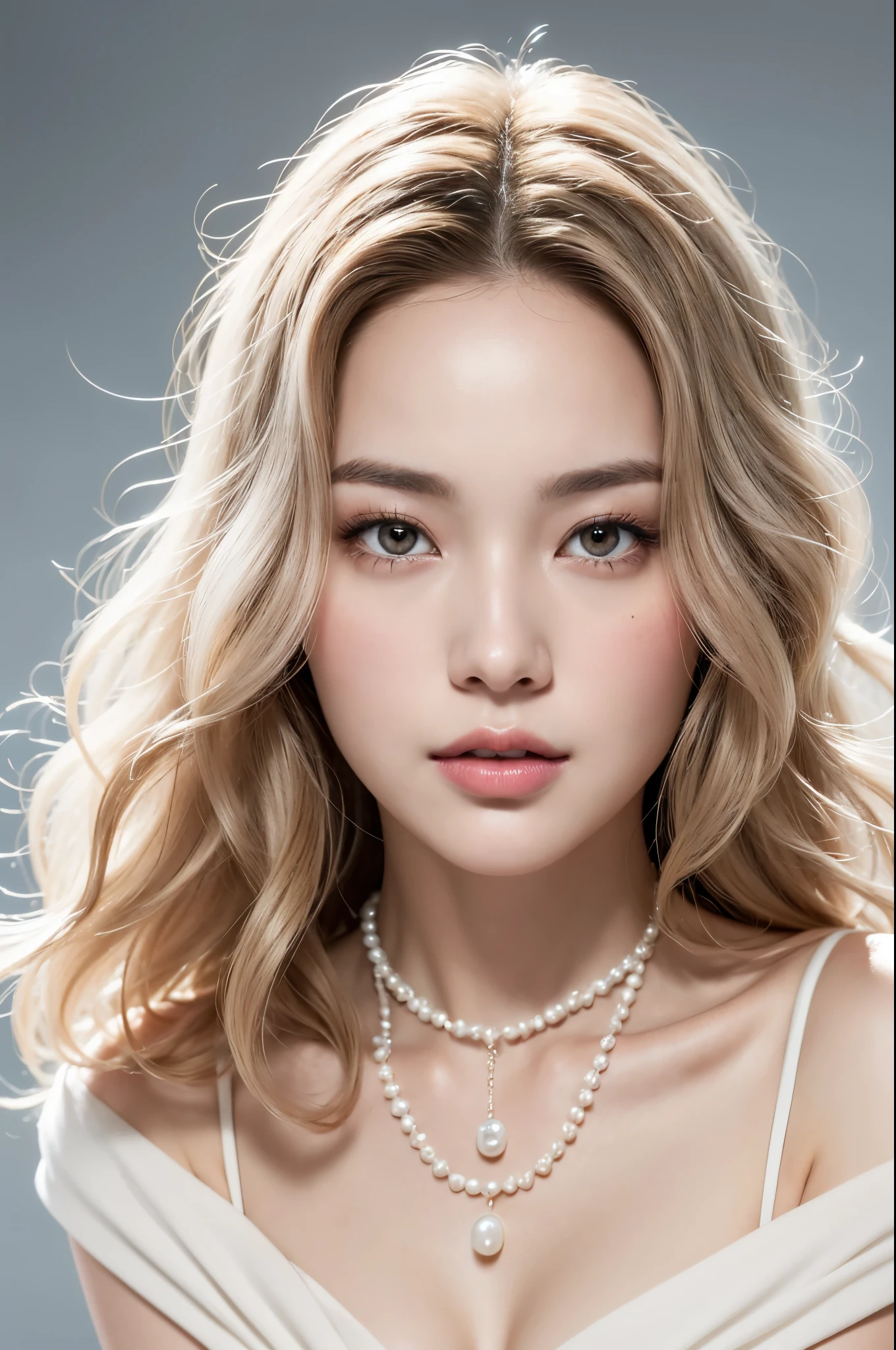 Blonde woman posing for a photoprofesional closeup cinematic photo (grey background) of a sexy 19 year old girl with (healthy,dense, lightweight, very wavy, flowy, windblown messy brunette medium length hair )) , (stunning,soulful, pretty grey eyes), sparking joy,confident, happy, closed mouth, beautiful lips,Full body shots of this attractive woman should feature smooth and eye-catching poses, intricate details, highly detailed,vintage fashion,slightly tainted, gorgeous,(wearing an pretty,thin , minimalistic necklache with pearls and shells), dreamy atmosphere,spotles, professional, highly detailed,fit, soft lighting, detailed skin texture, porcelain skin, (blush: 0.4), (goosebumps: 0.9). (the most beautiful woman in the world) , thin nose, beautiful, perfect face, slender body (slender), (white skin) Beautiful body, (predatory, hunter, expressive eyes), pink lips,closed mouth, thick thighs. full body, ((best quality)), ((ultra resolution)), ((photorealistic: 1.4)), (intricate details), perfect face, clear face, facial details. front view. she is wearing a full white shirt with straps (She should look directly into the camera)