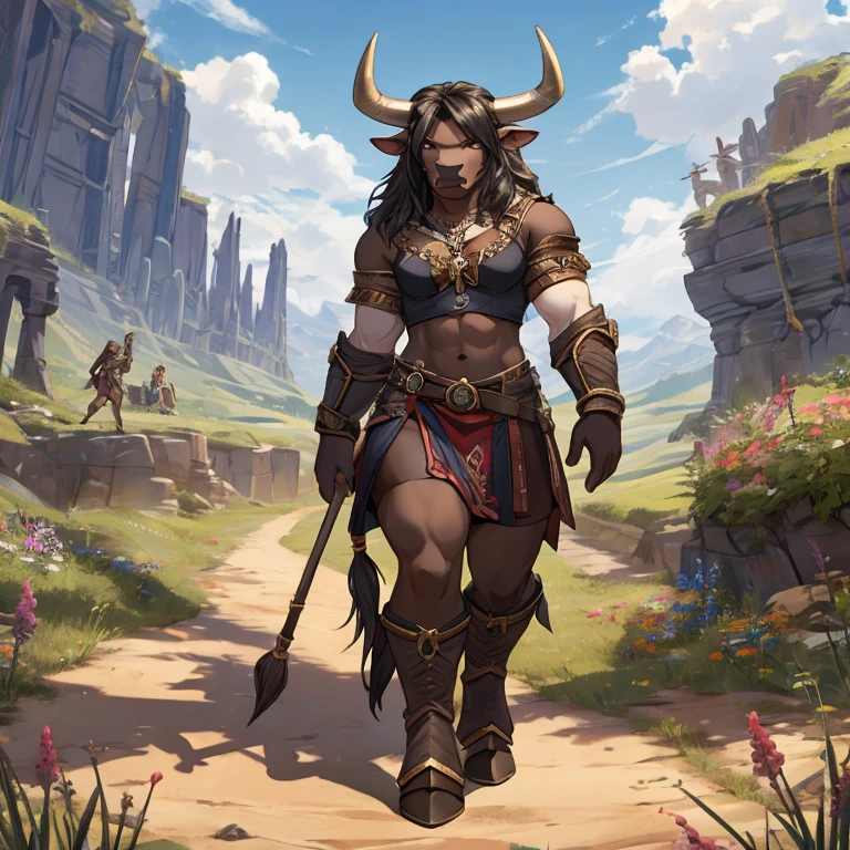 a minotaur，teens girl，Detailed character details，plateau，