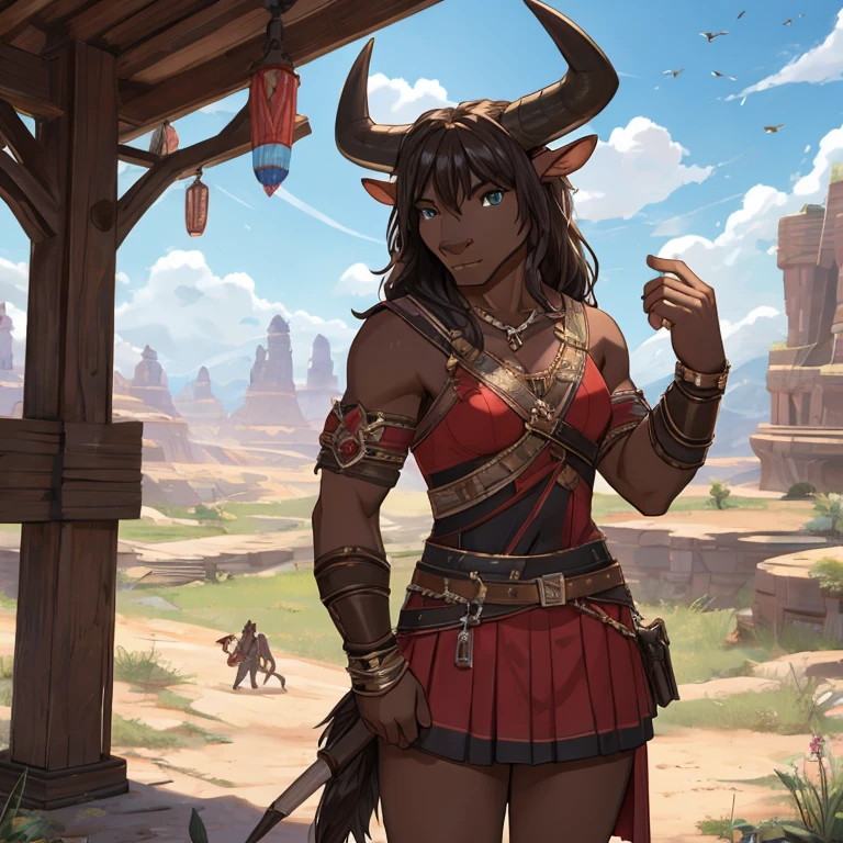 a minotaur，teens girl，Detailed character details，plateau，